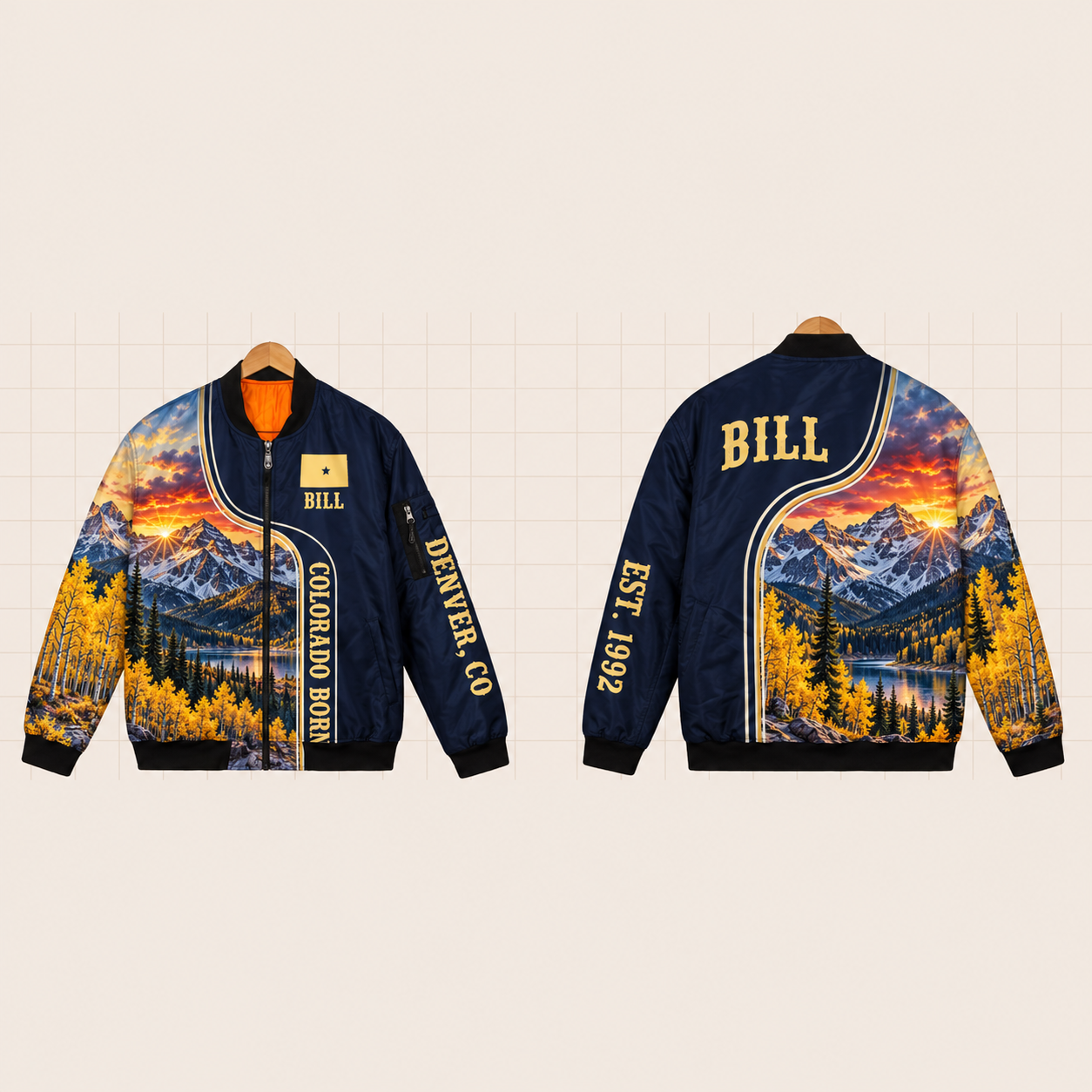 All-Over Print Bomber Jacket personalized with "Colorado Born Denver" and stars artwork on the back