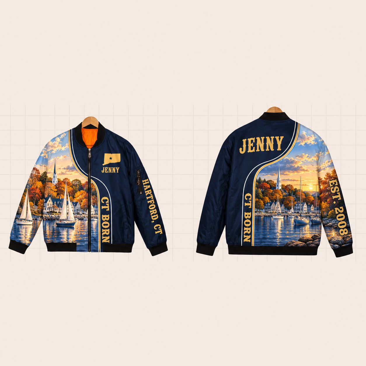 All-Over Print Bomber Jacket personalized with "Connecticut Born Hartford" and stars artwork on the back