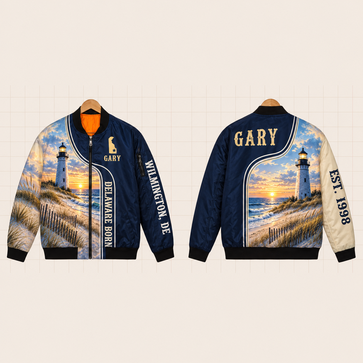 All-Over Print Bomber Jacket personalized with "Delaware Born Wilmington" and stars artwork on the back