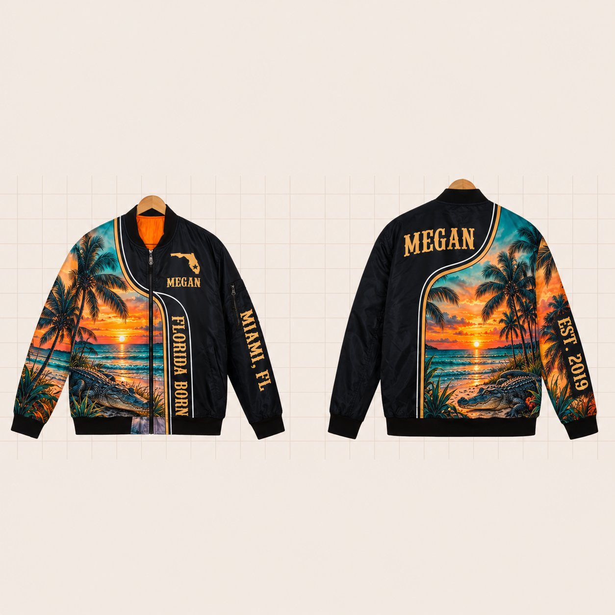 All-Over Print Bomber Jacket personalized with "Florida Born Miami" and stars artwork on the back