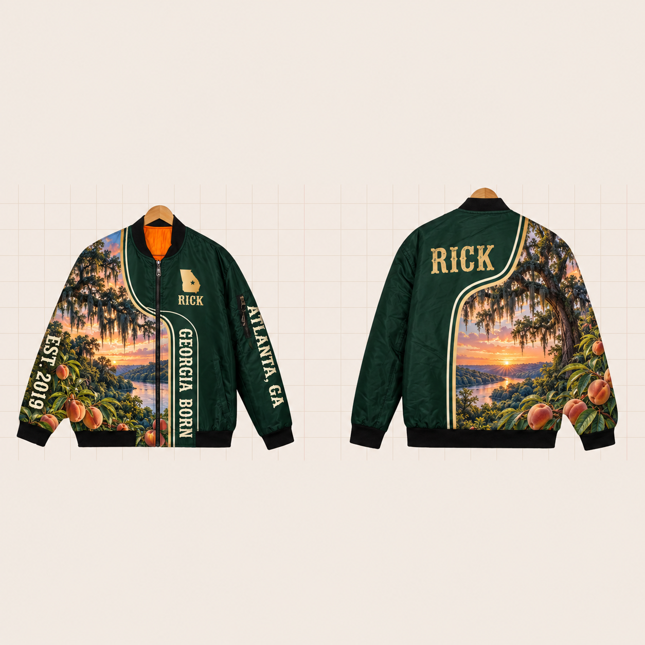 All-Over Print Bomber Jacket personalized with "Georgia Born Atlanta" and stars artwork on the back