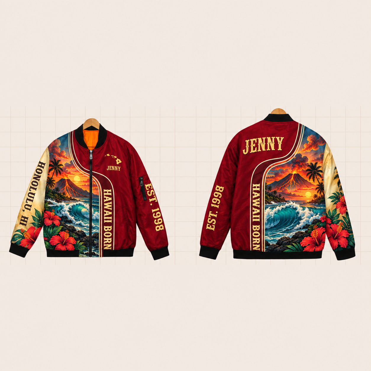 All-Over Print Bomber Jacket personalized with "Hawaii Born Honolulu" and stars artwork on the back