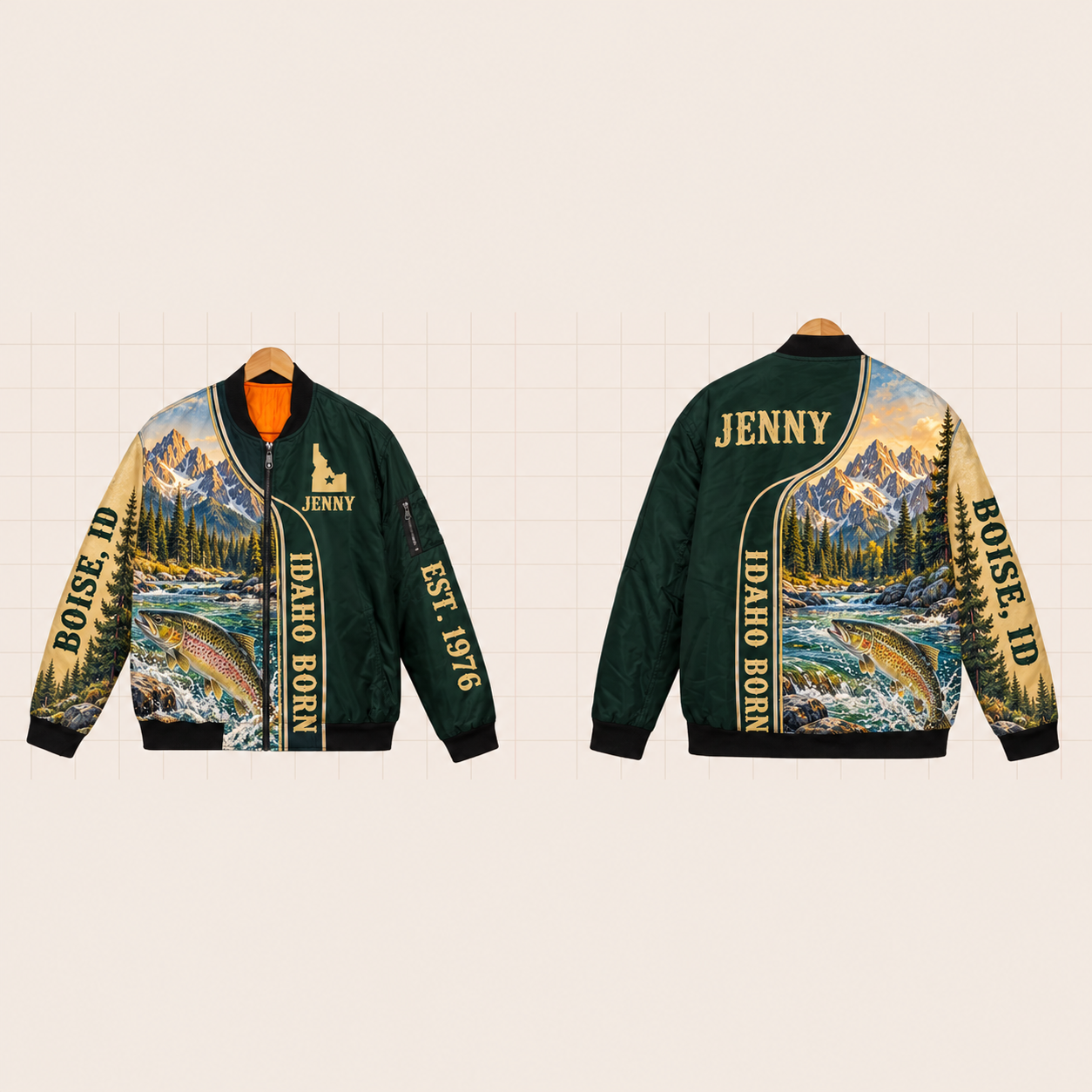 All-Over Print Bomber Jacket personalized with "Idaho Born Boise" and stars artwork on the back