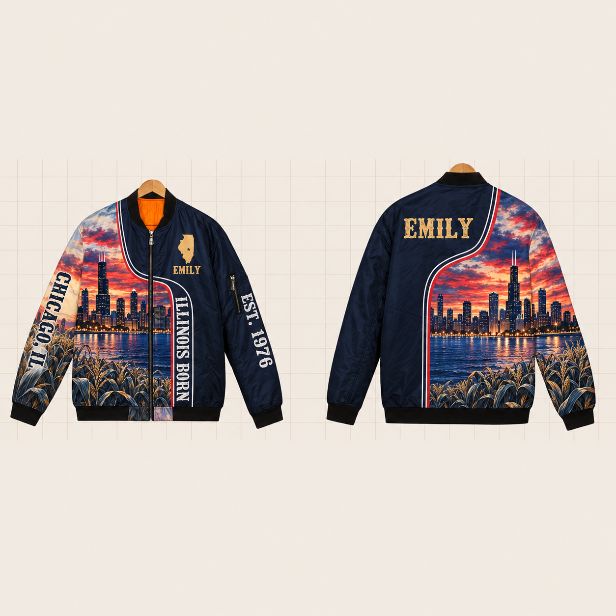 All-Over Print Bomber Jacket personalized with "Illinois Born Chicago" and stars artwork on the back