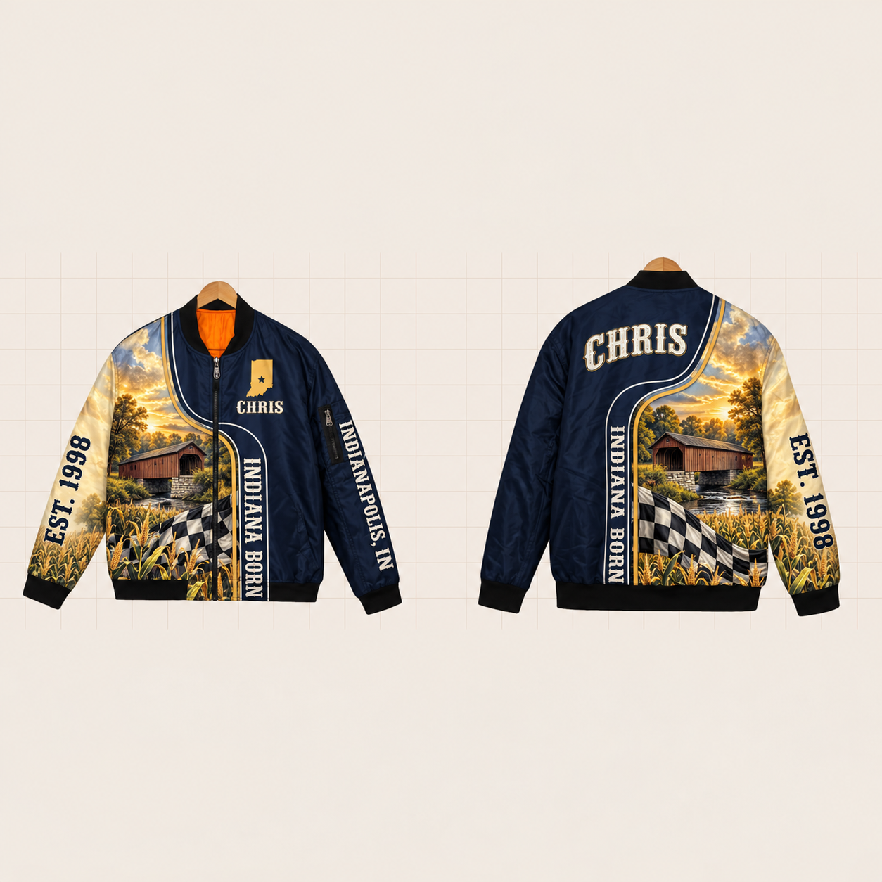 All-Over Print Bomber Jacket personalized with "Indiana Born Indianapolis" and stars artwork on the back