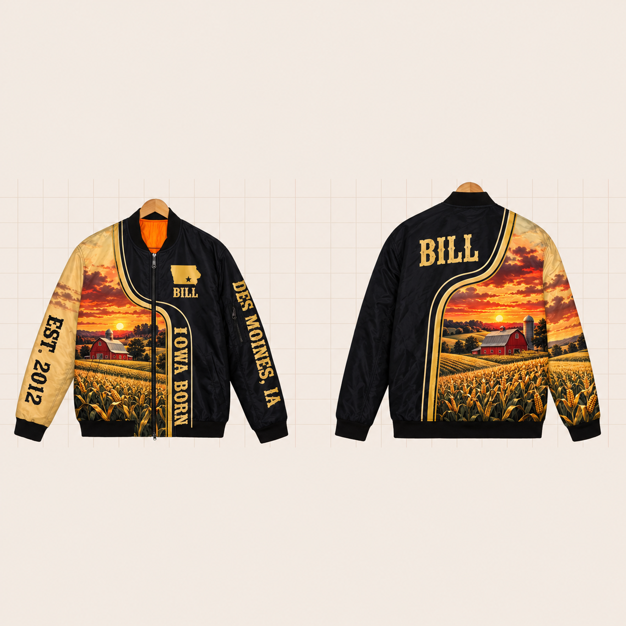 All-Over Print Bomber Jacket personalized with "Iowa Born Des Moines" and stars artwork on the back