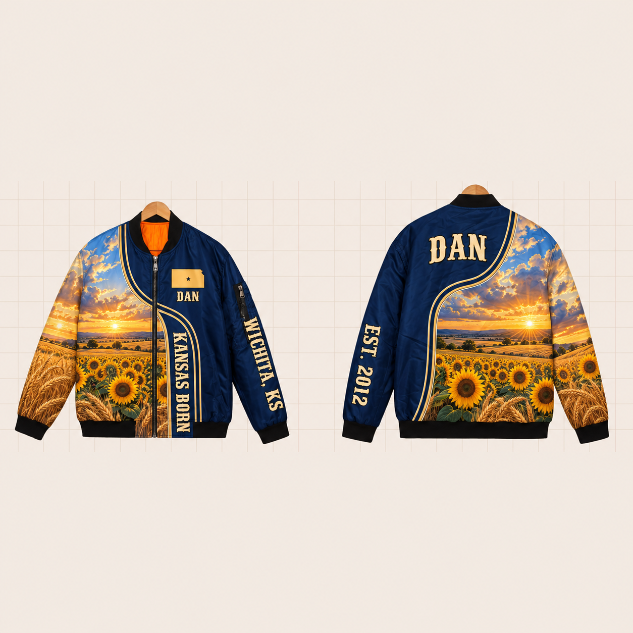 All-Over Print Bomber Jacket personalized with "Kansas Born Wichita" and stars artwork on the back