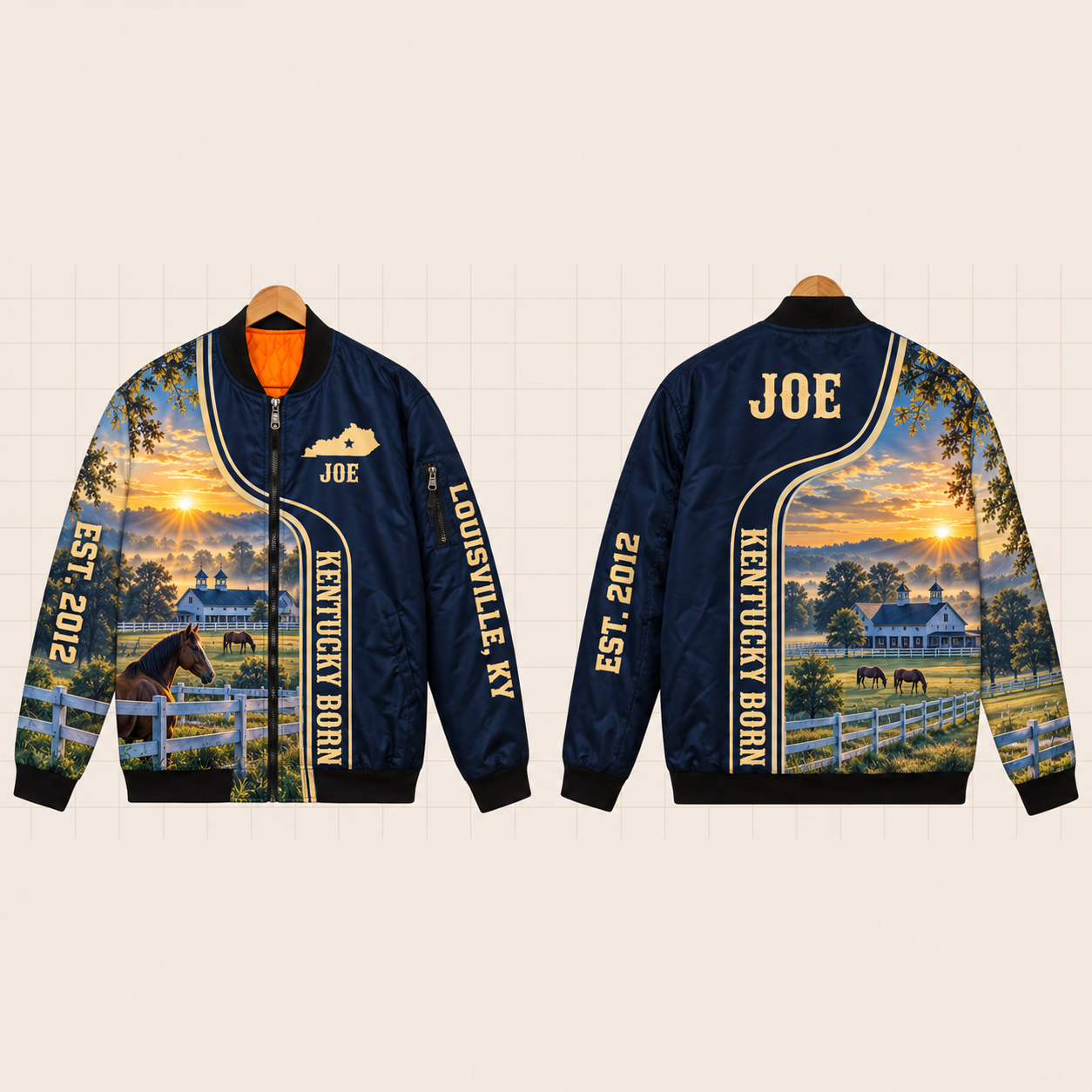 All-Over Print Bomber Jacket personalized with "Kentucky Born Louisville" and stars artwork on the back