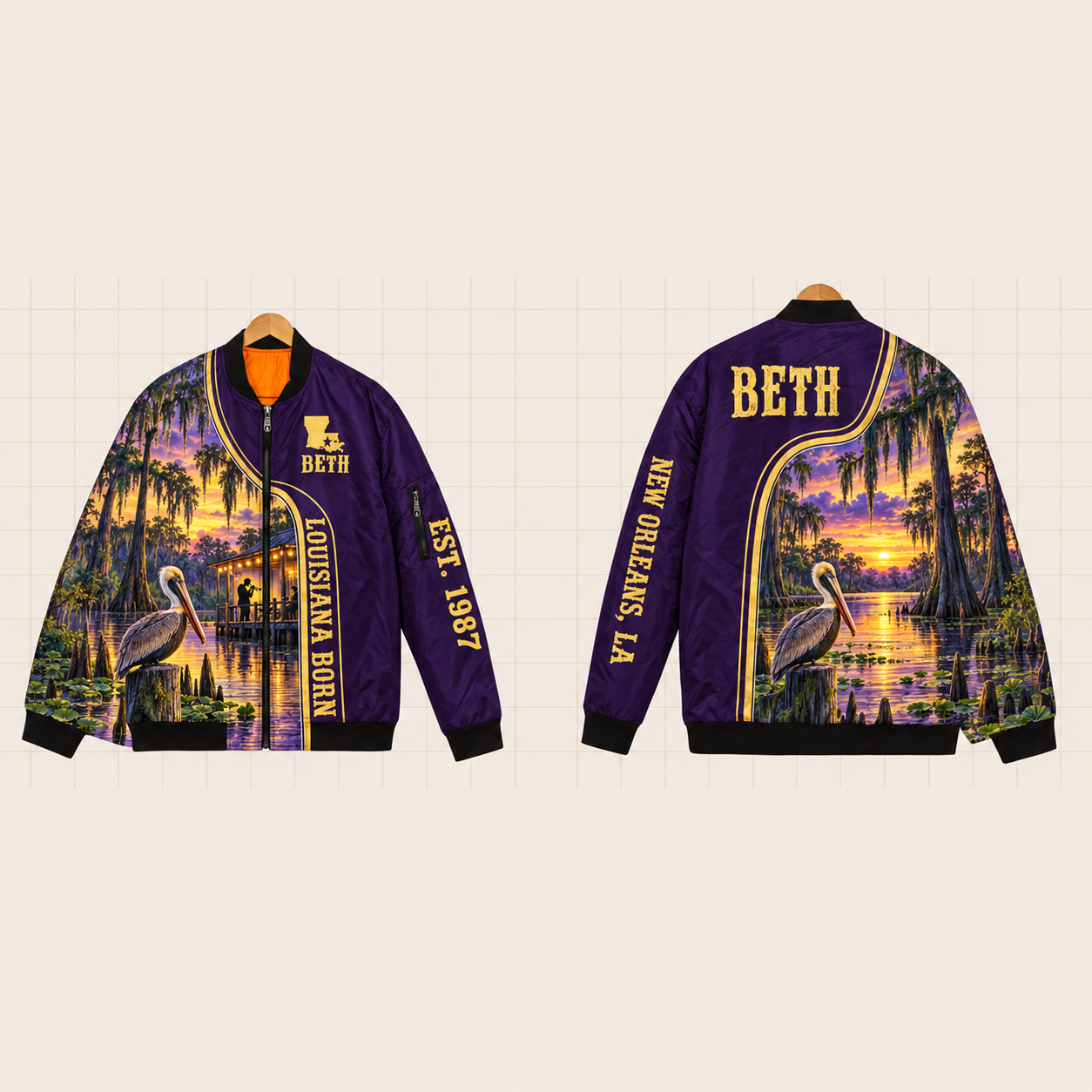 All-Over Print Bomber Jacket personalized with "Louisiana Born New Orleans" and stars artwork on the back