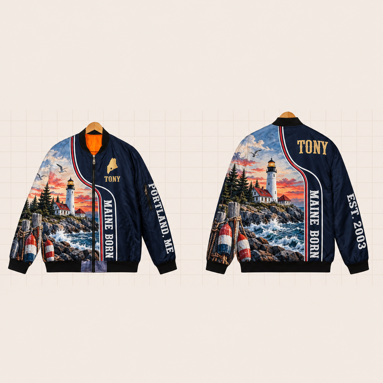 All-Over Print Bomber Jacket personalized with "Maine Born Portland" and stars artwork on the back