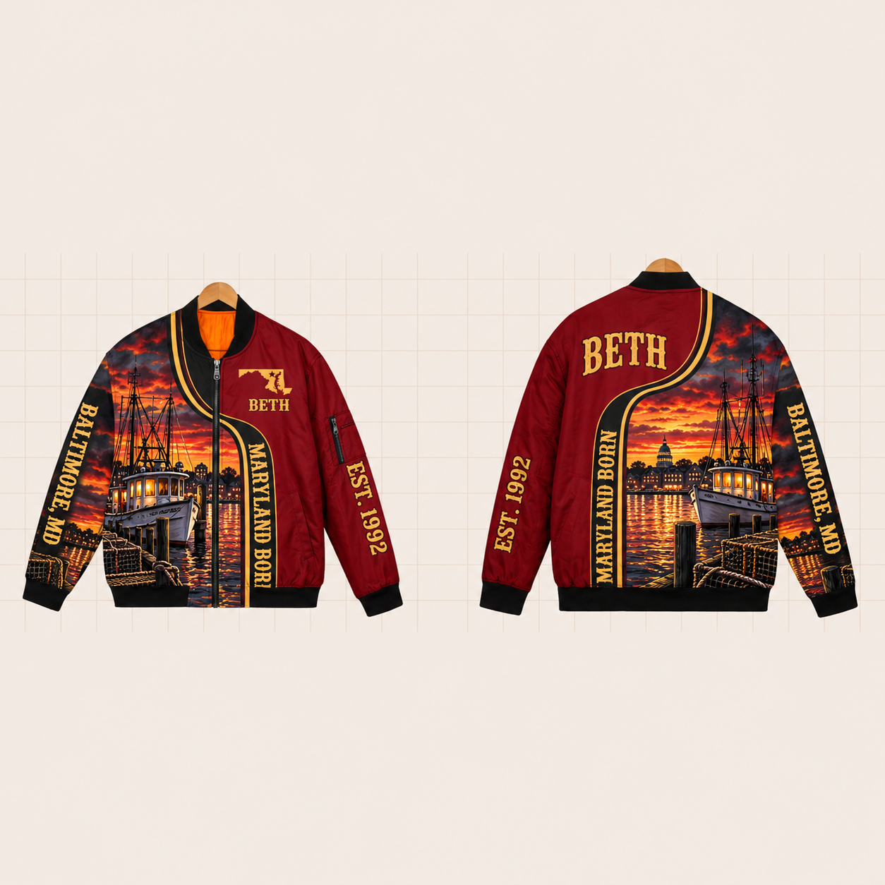 All-Over Print Bomber Jacket personalized with "Maryland Born Baltimore" and stars artwork on the back