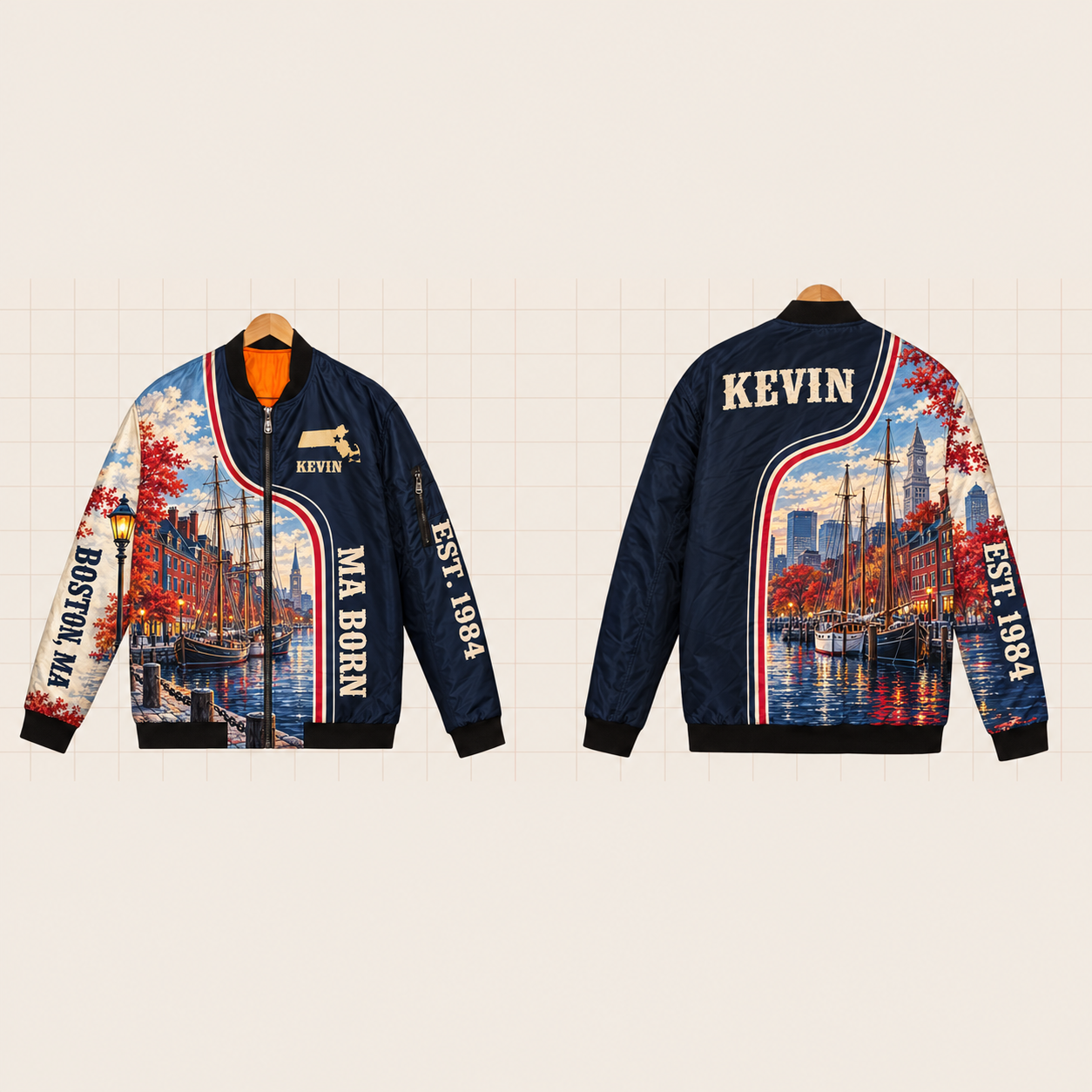 All-Over Print Bomber Jacket personalized with "Massachusetts Born Boston" and stars artwork on the back