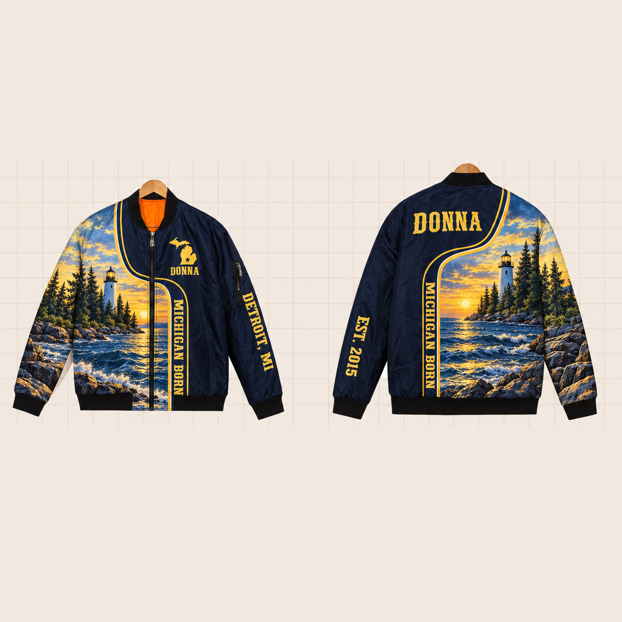 All-Over Print Bomber Jacket personalized with "Michigan Born Detroit" and stars artwork on the back