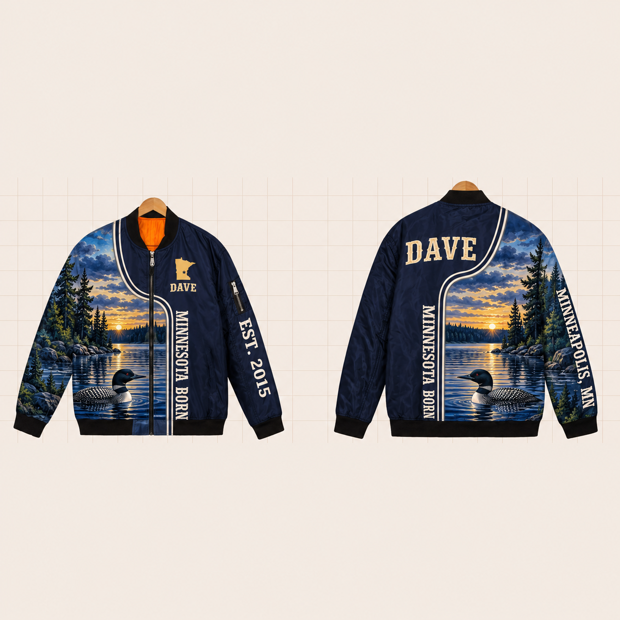 All-Over Print Bomber Jacket personalized with "Minnesota Born Minneapolis" and stars artwork on the back