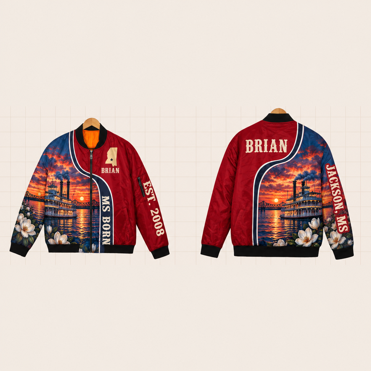 All-Over Print Bomber Jacket personalized with "Mississippi Born Jackson" and stars artwork on the back