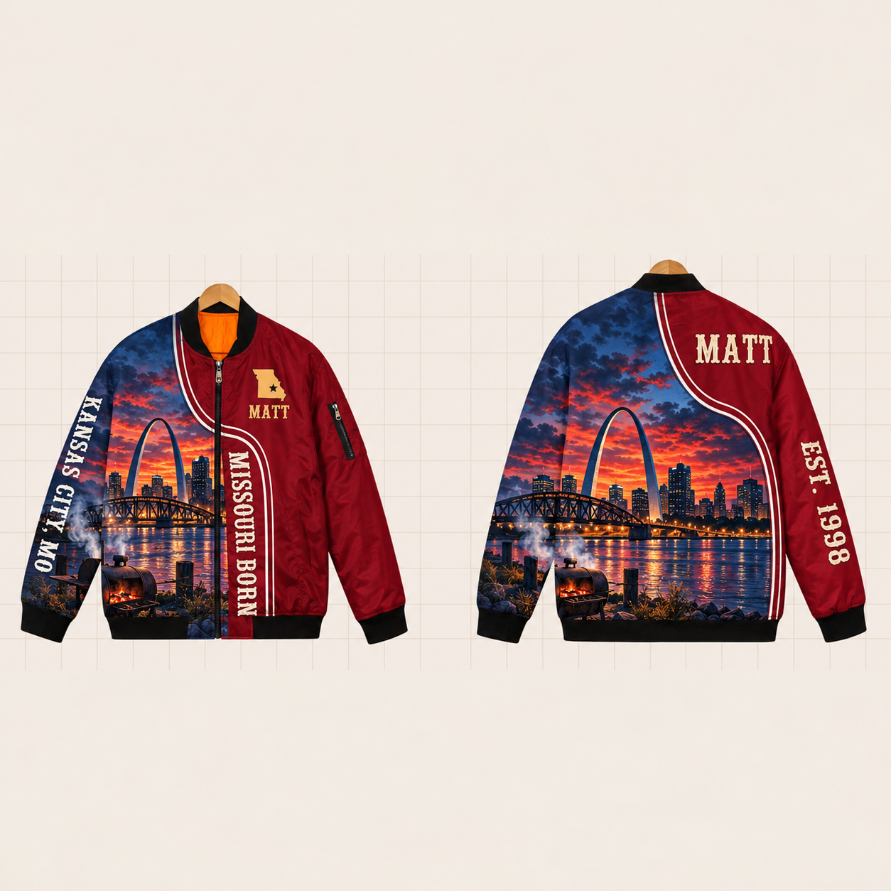 All-Over Print Bomber Jacket personalized with "Missouri Born Kansas City" and stars artwork on the back