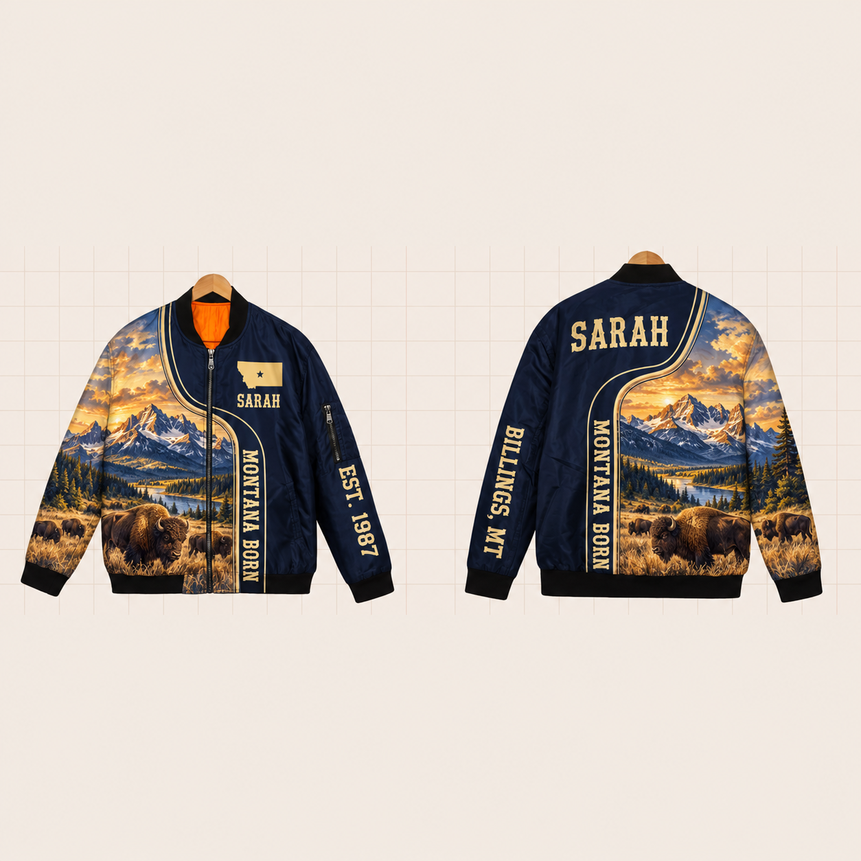 All-Over Print Bomber Jacket personalized with "Montana Born Billings" and stars artwork on the back