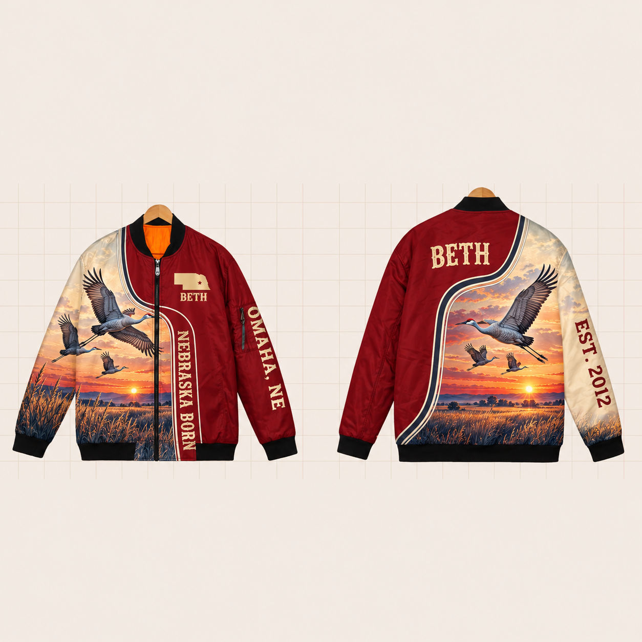 All-Over Print Bomber Jacket personalized with "Nebraska Born Omaha" and stars artwork on the back