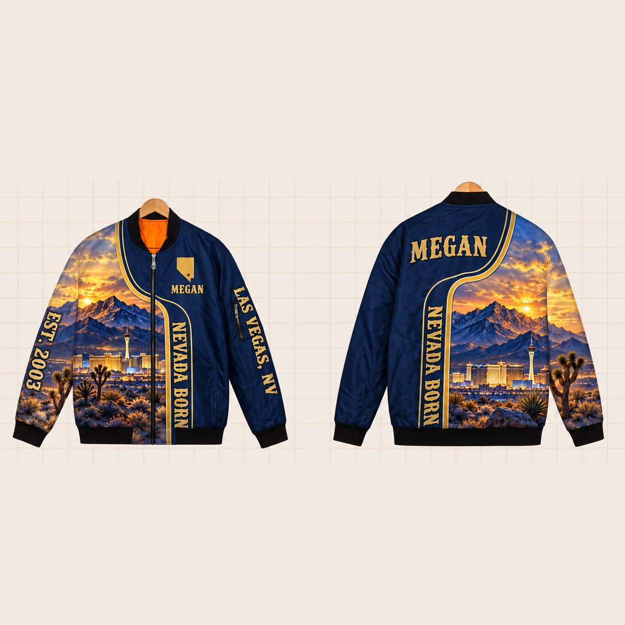 All-Over Print Bomber Jacket personalized with "Nevada Born Las Vegas" and stars artwork on the back