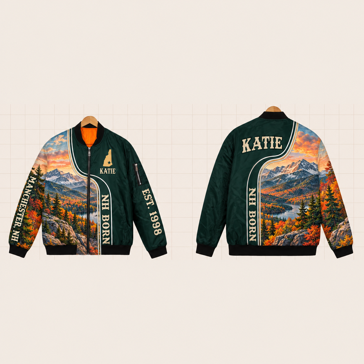 All-Over Print Bomber Jacket personalized with "New Hampshire Born Manchester" and stars artwork on the back