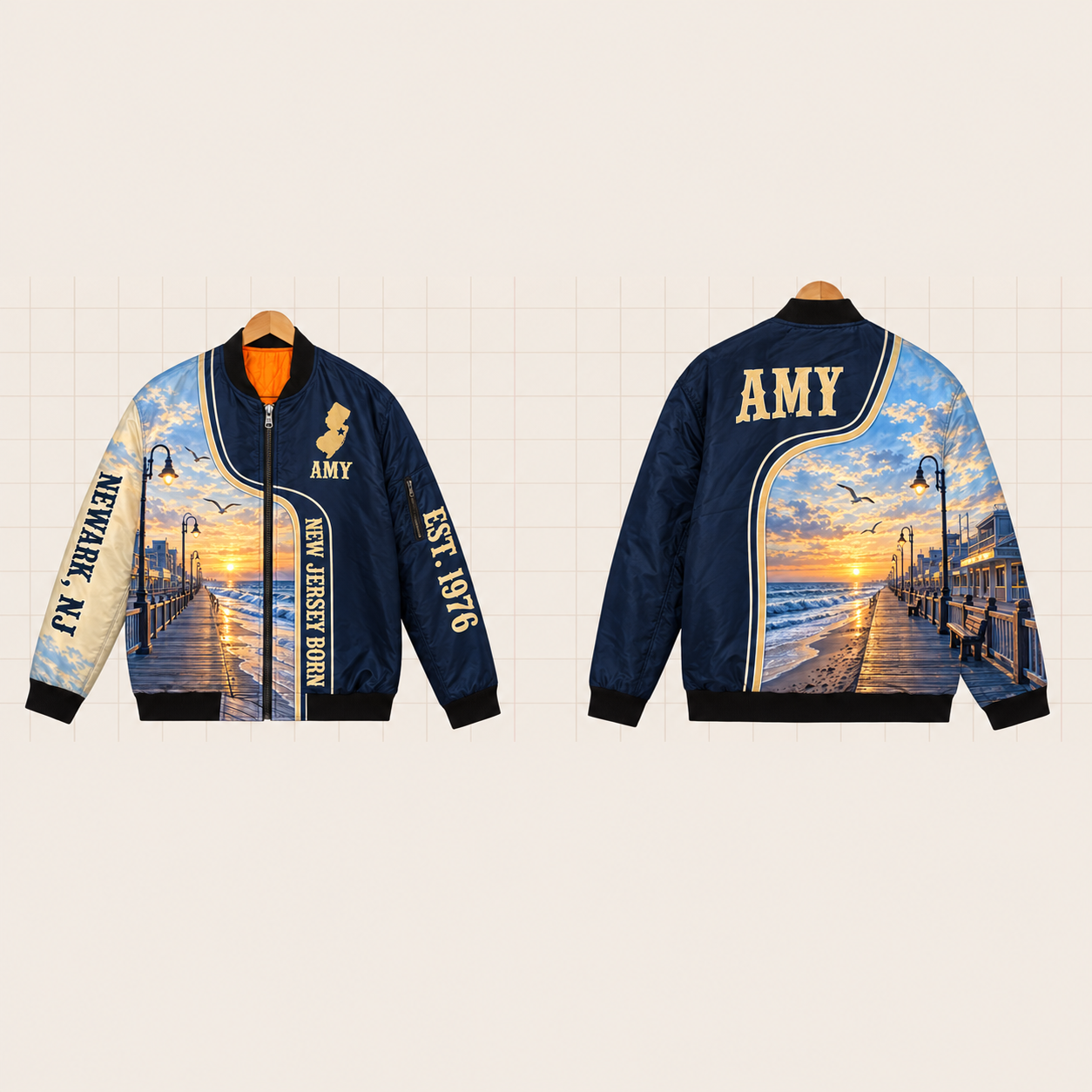 All-Over Print Bomber Jacket personalized with "New Jersey Born Newark" and stars artwork on the back
