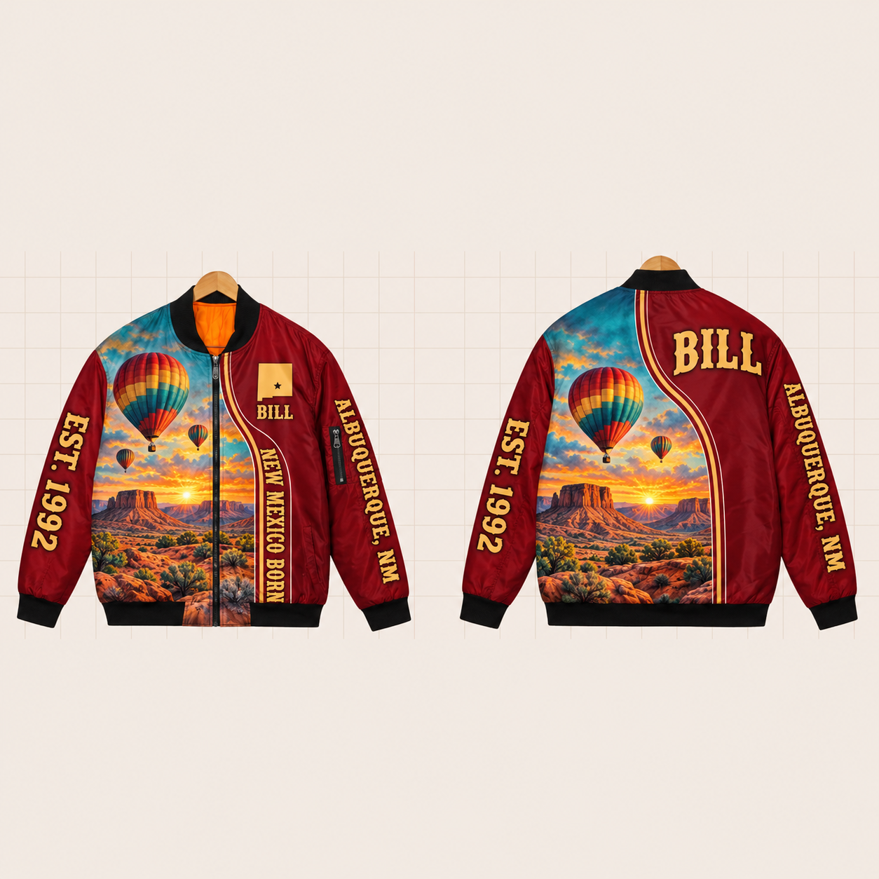 All-Over Print Bomber Jacket personalized with "New Mexico Born Albuquerque" and stars artwork on the back