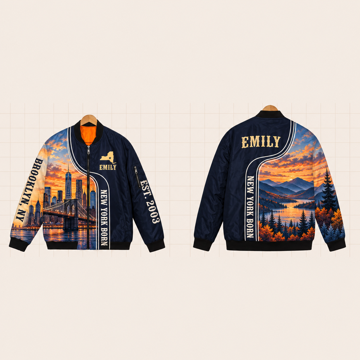 All-Over Print Bomber Jacket personalized with "New York Born Brooklyn" and stars artwork on the back