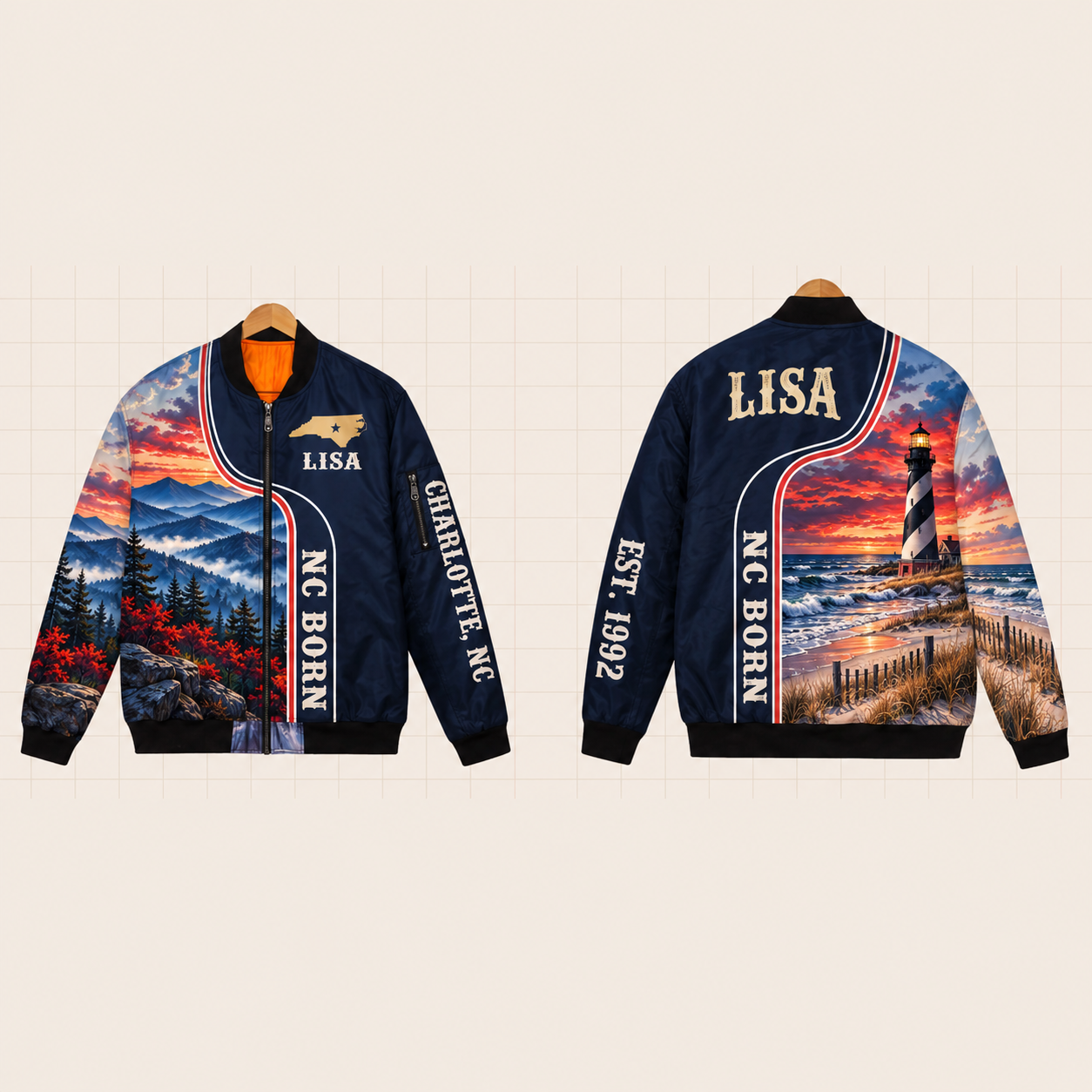 All-Over Print Bomber Jacket personalized with "North Carolina Born Charlotte" and stars artwork on the back