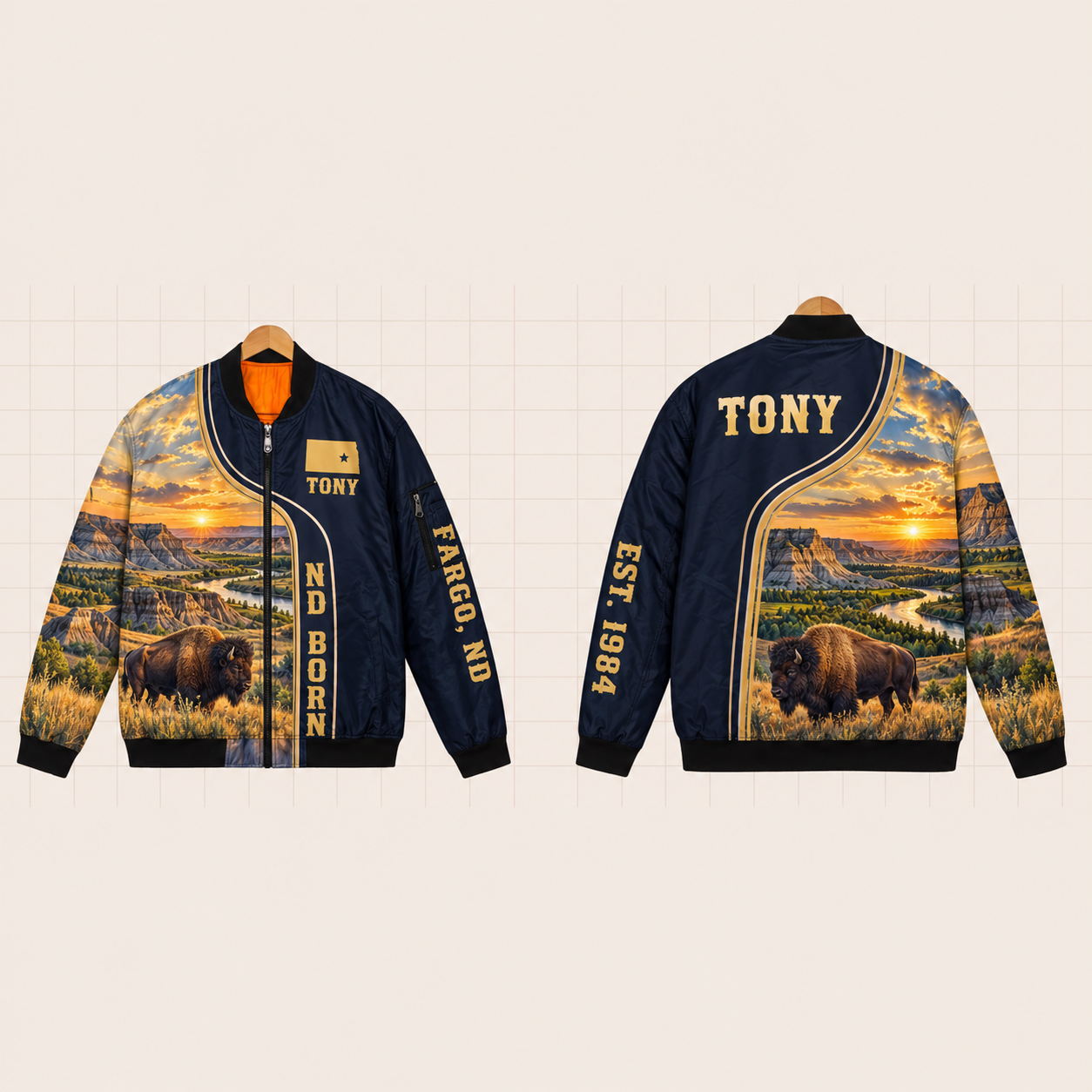 All-Over Print Bomber Jacket personalized with "North Dakota Born Fargo" and stars artwork on the back