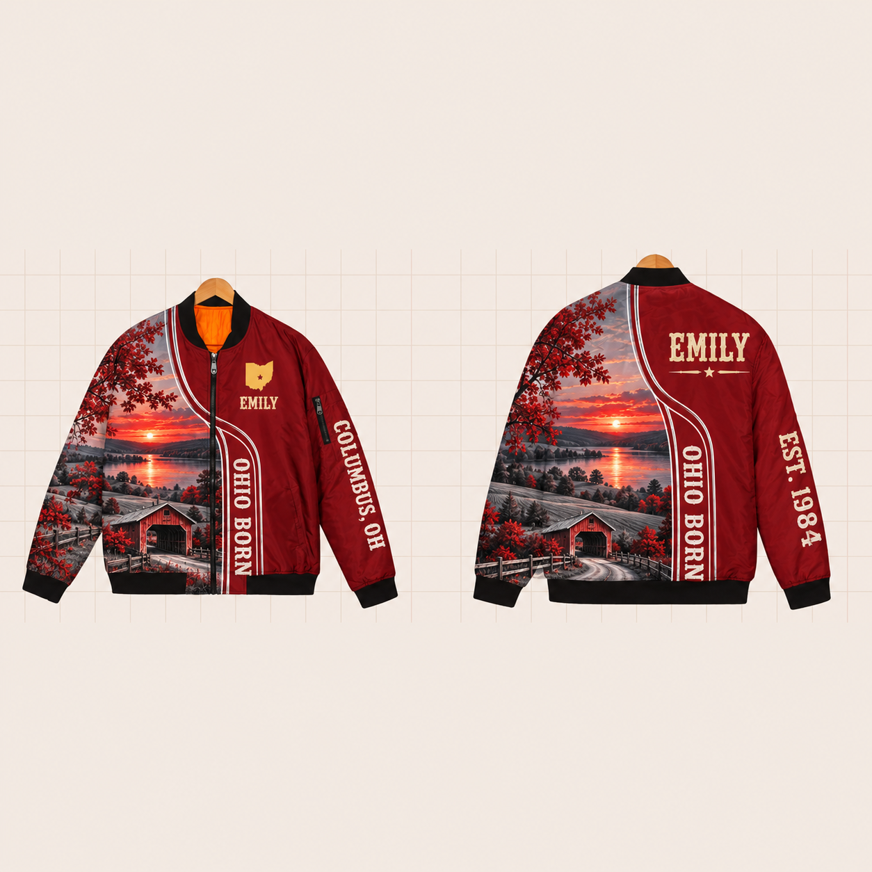 All-Over Print Bomber Jacket personalized with "Ohio Born Columbus" and stars artwork on the back