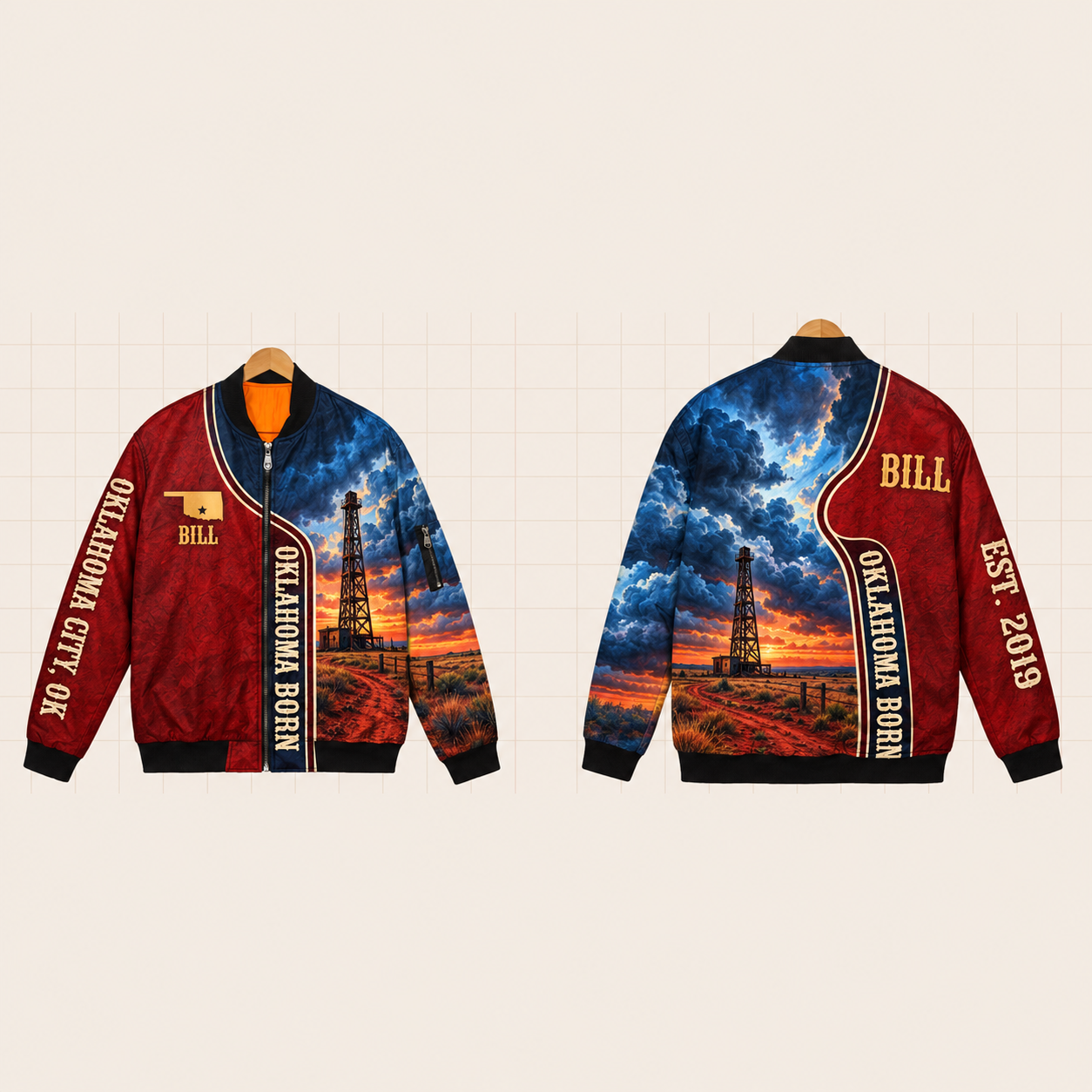 All-Over Print Bomber Jacket personalized with "Oklahoma Born Oklahoma City" and stars artwork on the back