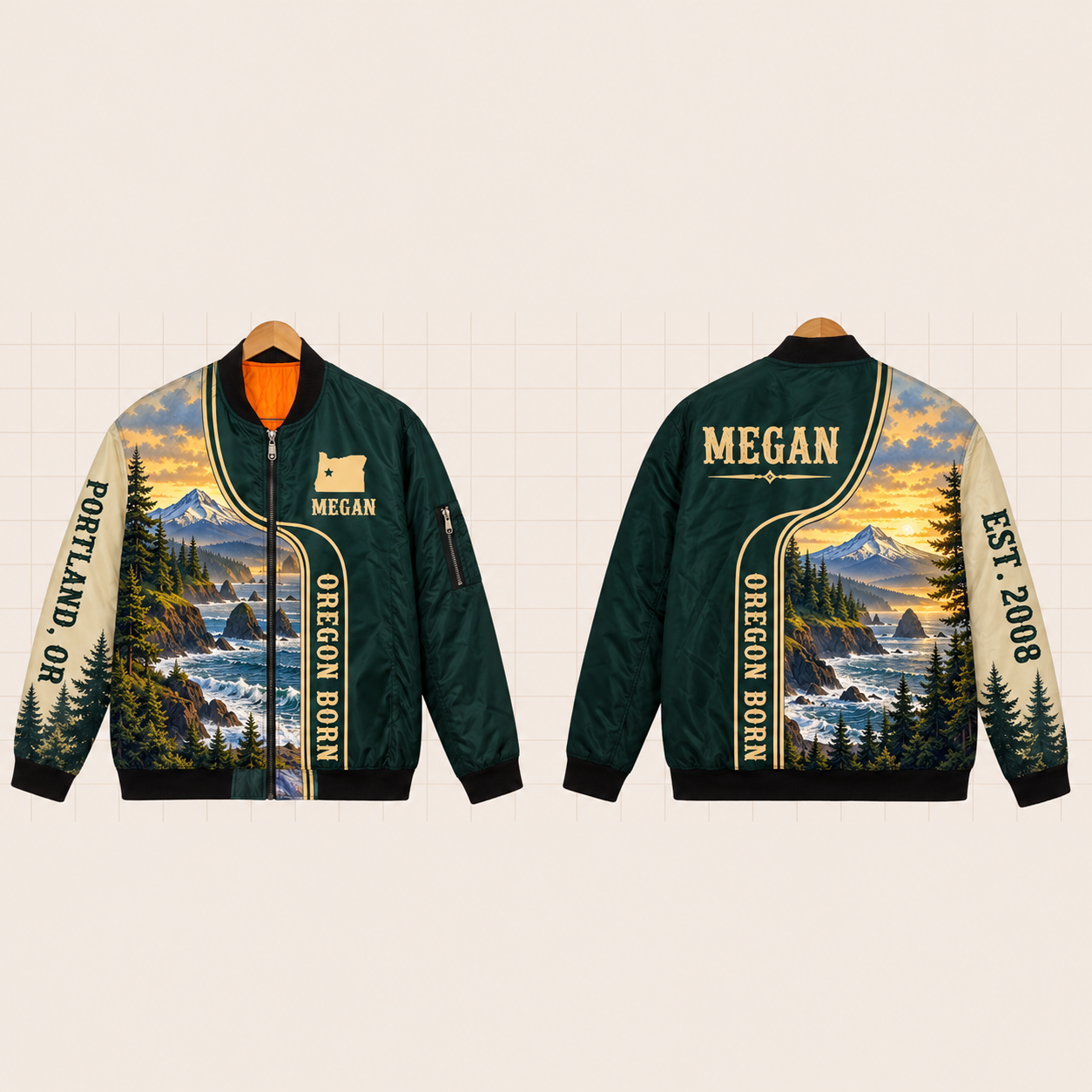 All-Over Print Bomber Jacket personalized with "Oregon Born Portland" and stars artwork on the back