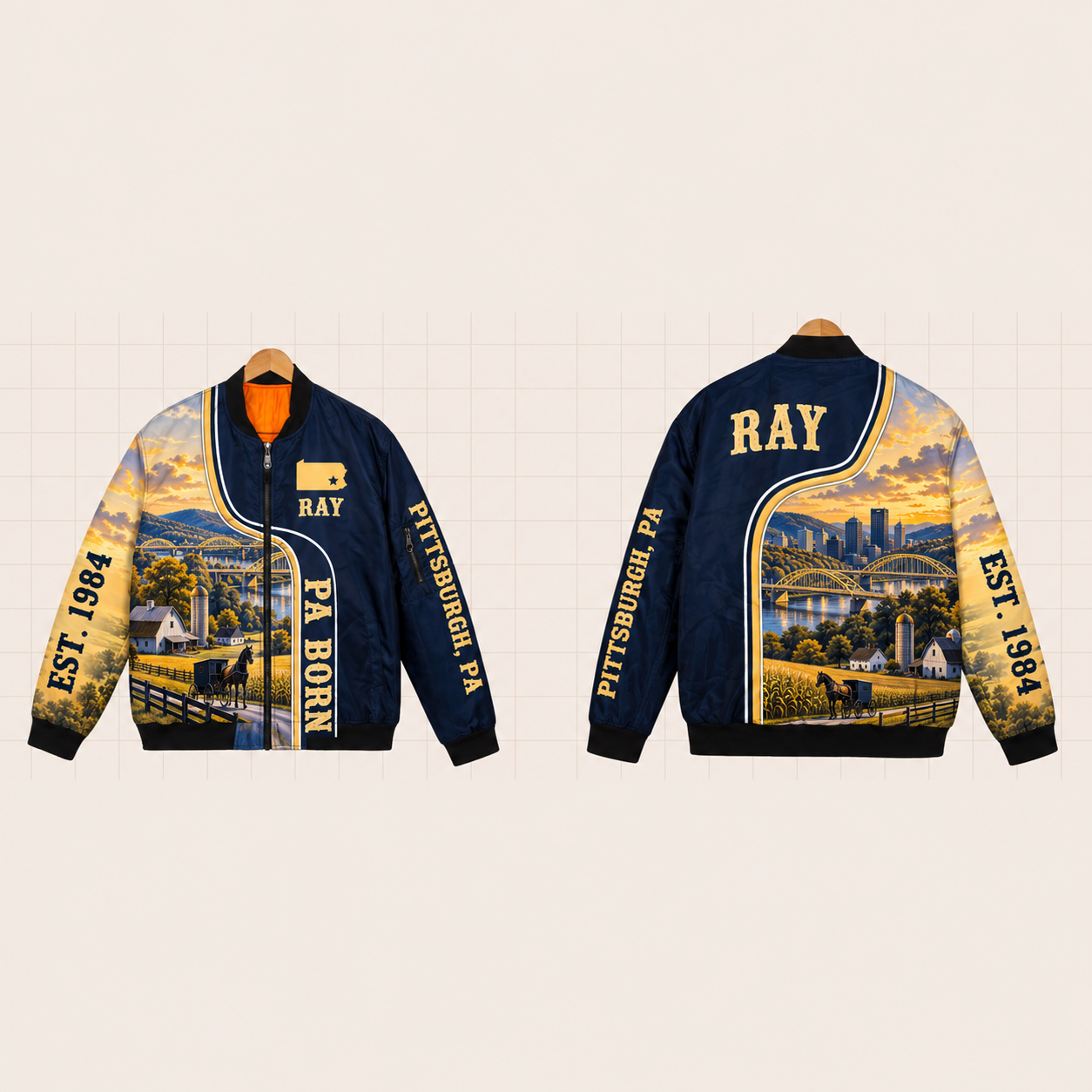 All-Over Print Bomber Jacket personalized with "Pennsylvania Born Pittsburgh" and stars artwork on the back