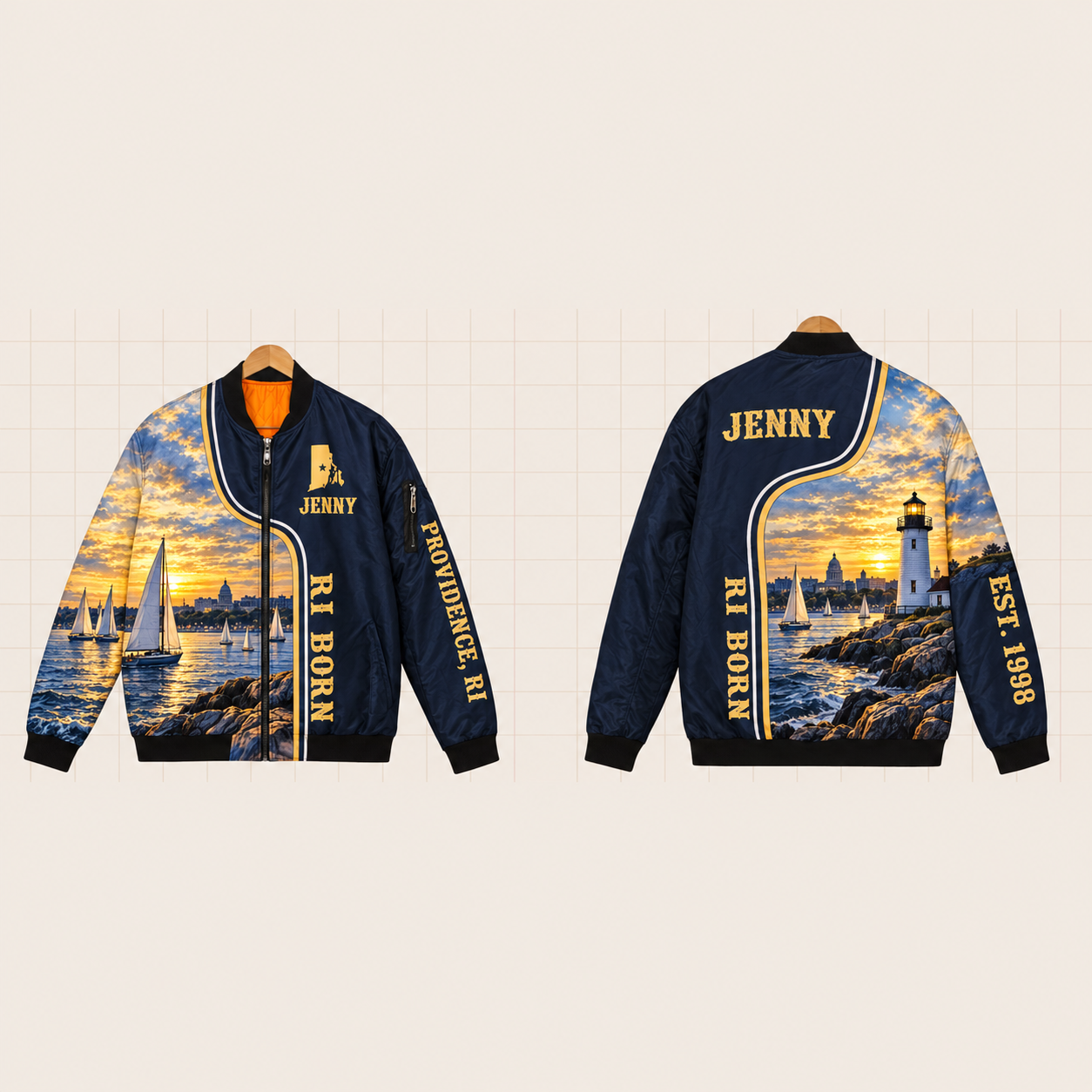 All-Over Print Bomber Jacket personalized with "Rhode Island Born Providence" and stars artwork on the back