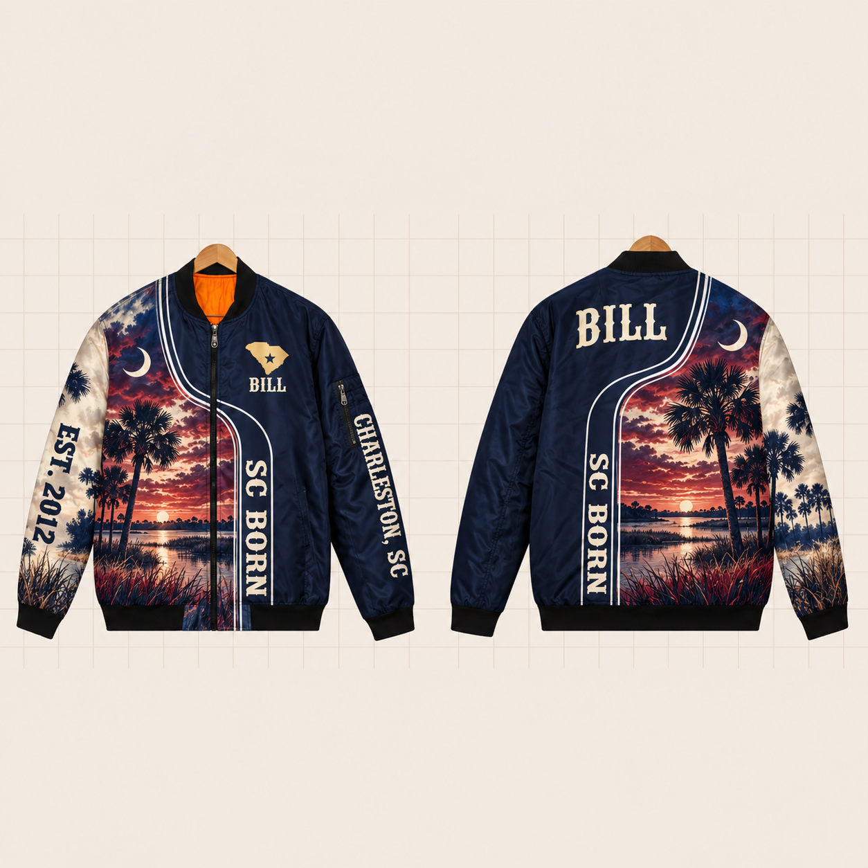 All-Over Print Bomber Jacket personalized with "South Carolina Born Charleston" and stars artwork on the back