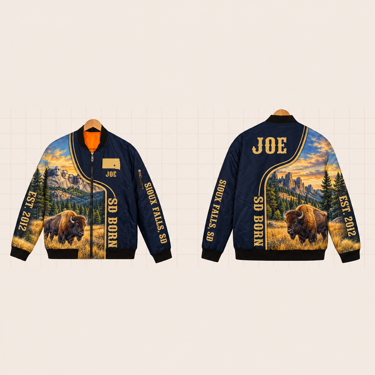 All-Over Print Bomber Jacket personalized with "South Dakota Born Sioux Falls" and stars artwork on the back