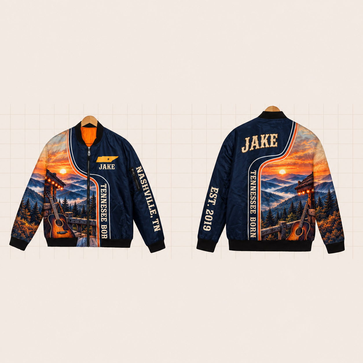 All-Over Print Bomber Jacket personalized with "Tennessee Born Nashville" and stars artwork on the back