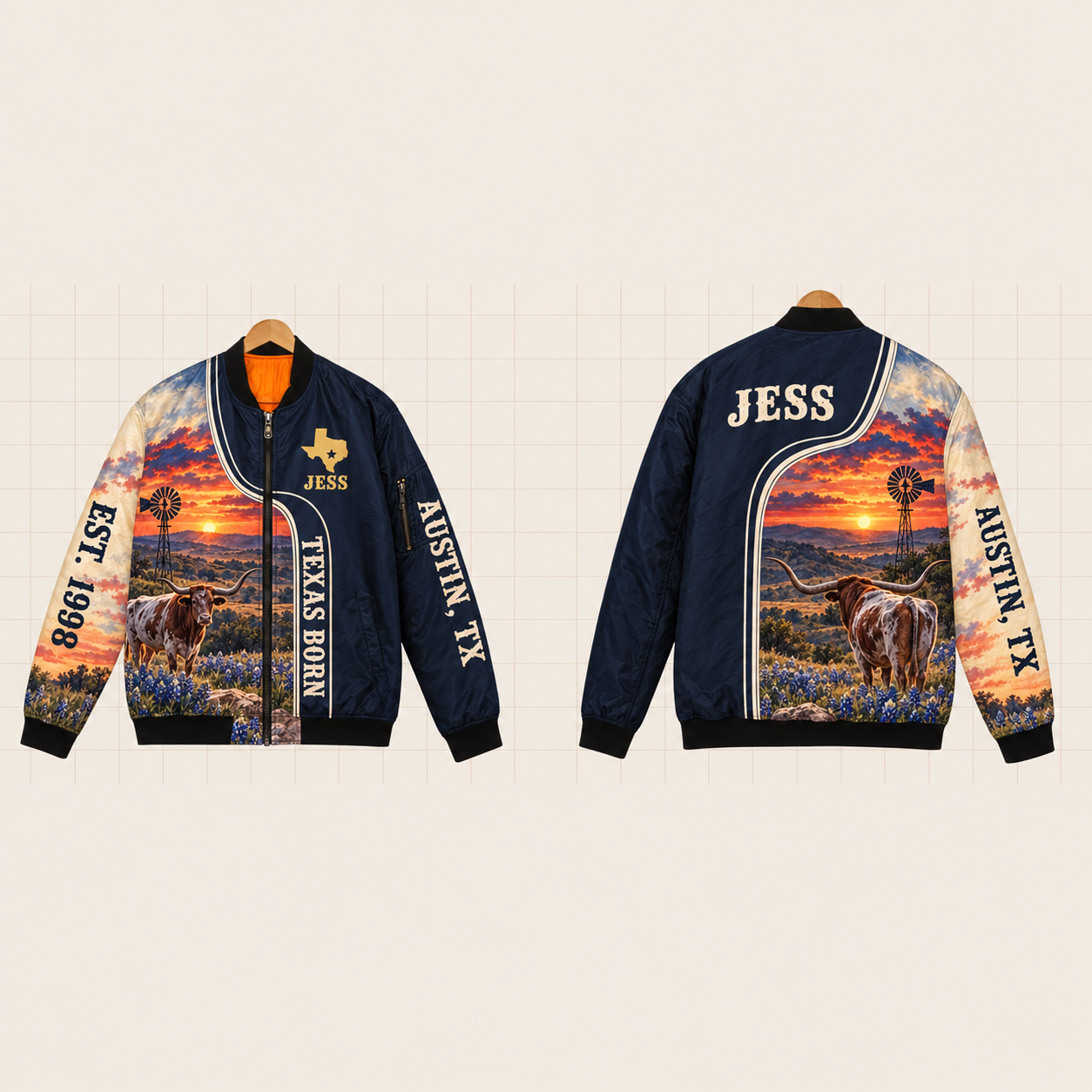 All-Over Print Bomber Jacket personalized with "Texas Born Austin" and stars artwork on the back
