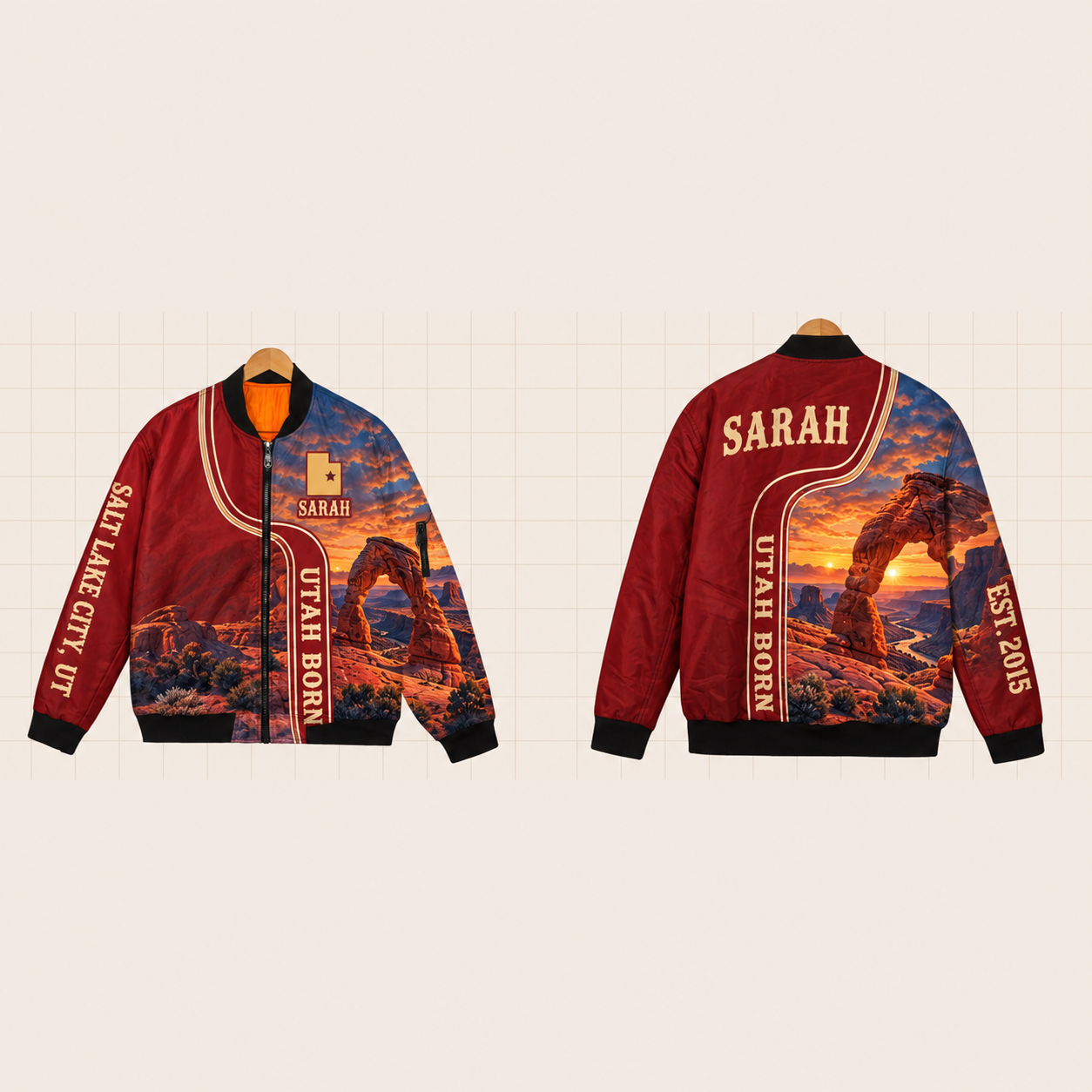 All-Over Print Bomber Jacket personalized with "Utah Born Salt Lake City" and stars artwork on the back