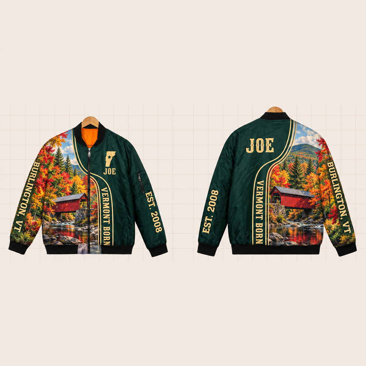 All-Over Print Bomber Jacket personalized with "Vermont Born Burlington" and stars artwork on the back