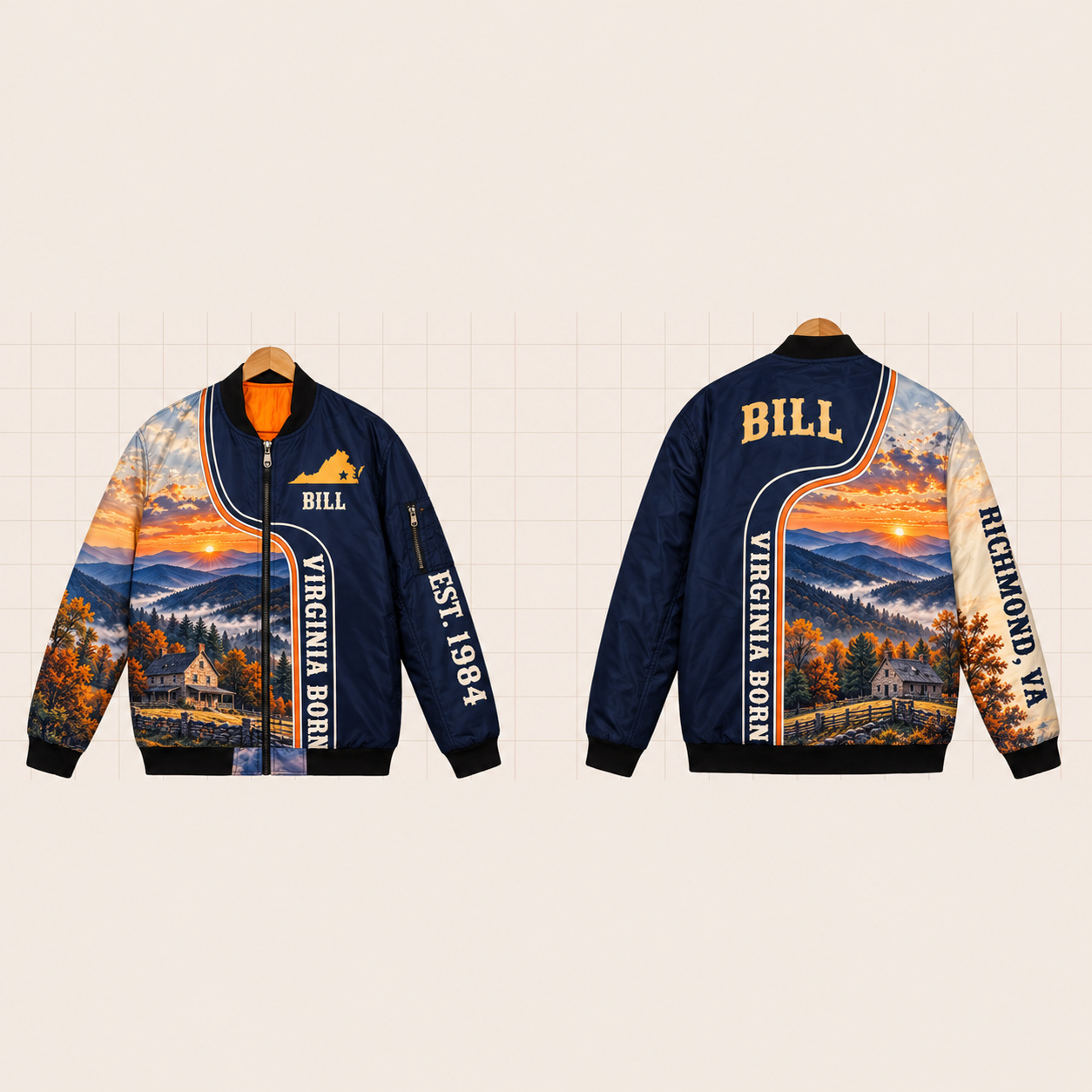 All-Over Print Bomber Jacket personalized with "Virginia Born Richmond" and stars artwork on the back
