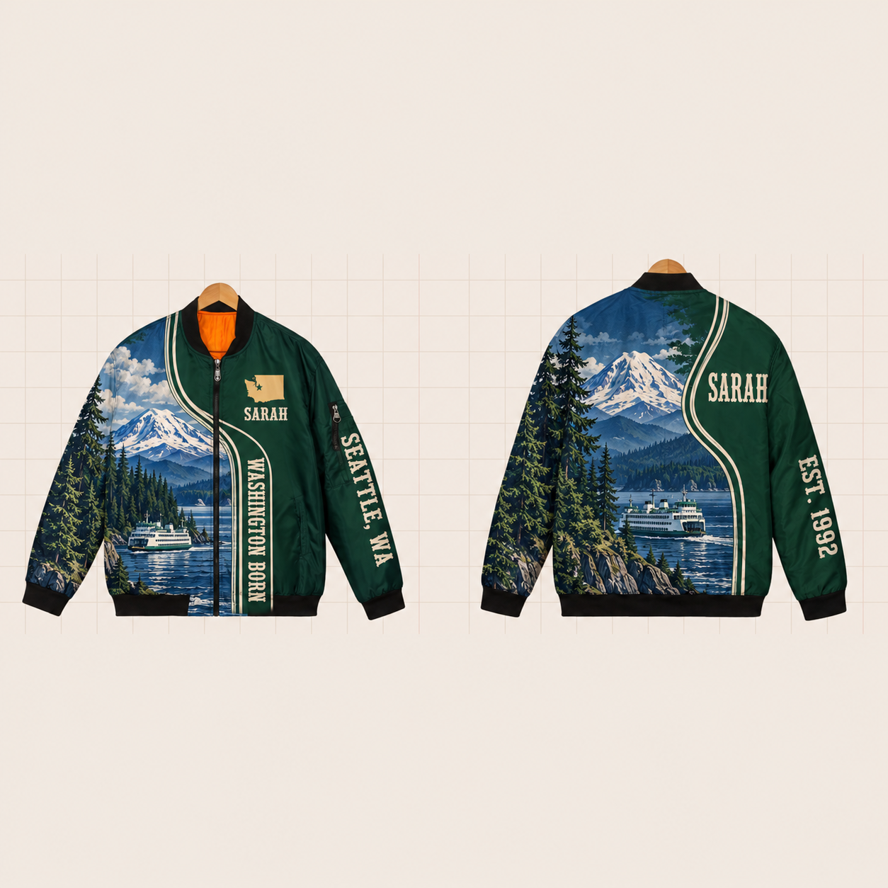 All-Over Print Bomber Jacket personalized with "Washington Born Seattle" and stars artwork on the back