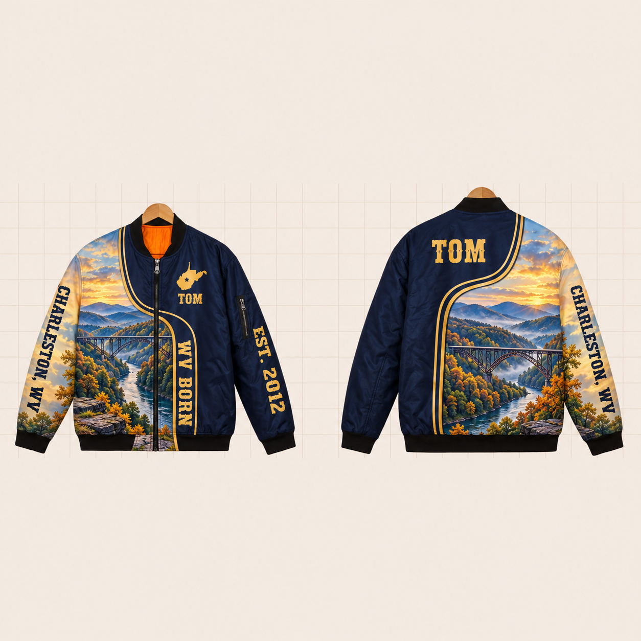 All-Over Print Bomber Jacket personalized with "West Virginia Born Charleston" and stars artwork on the back