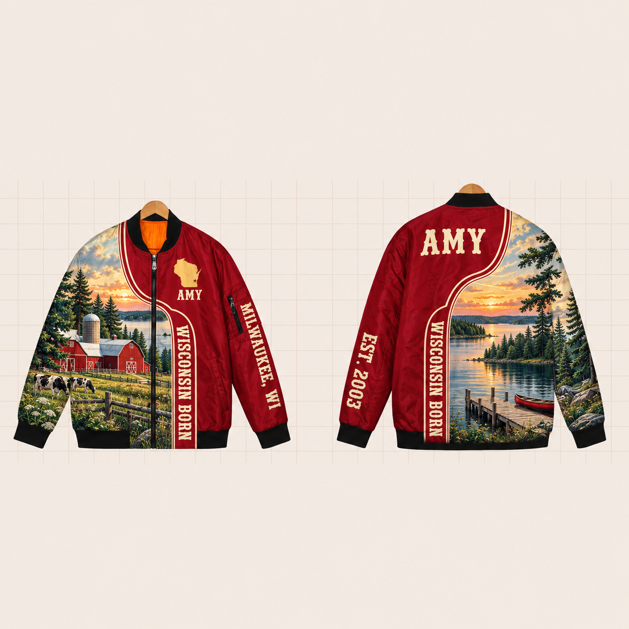 All-Over Print Bomber Jacket personalized with "Wisconsin Born Milwaukee" and stars artwork on the back
