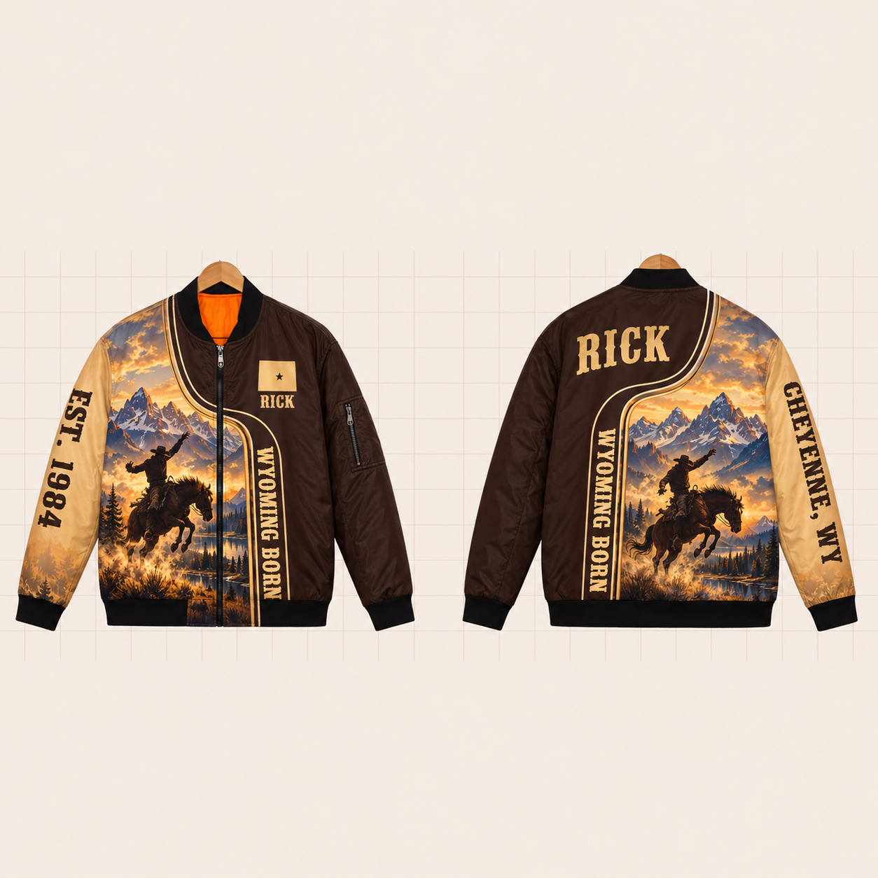 All-Over Print Bomber Jacket personalized with "Wyoming Born Cheyenne" and stars artwork on the back