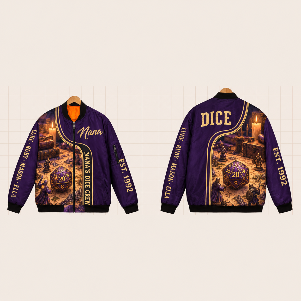 All-Over Print Bomber Jacket personalized with "Nana's Dice Crew" and meeple artwork on the back