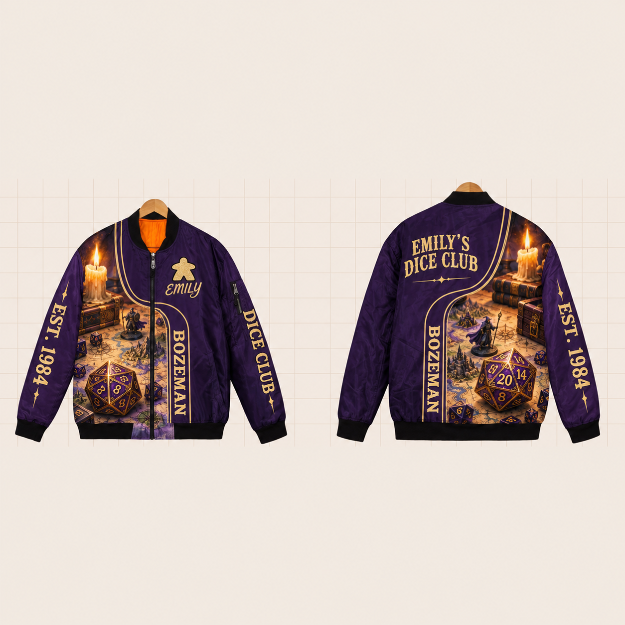 All-Over Print Bomber Jacket personalized with "Bozeman Dice Club" and meeple artwork on the back