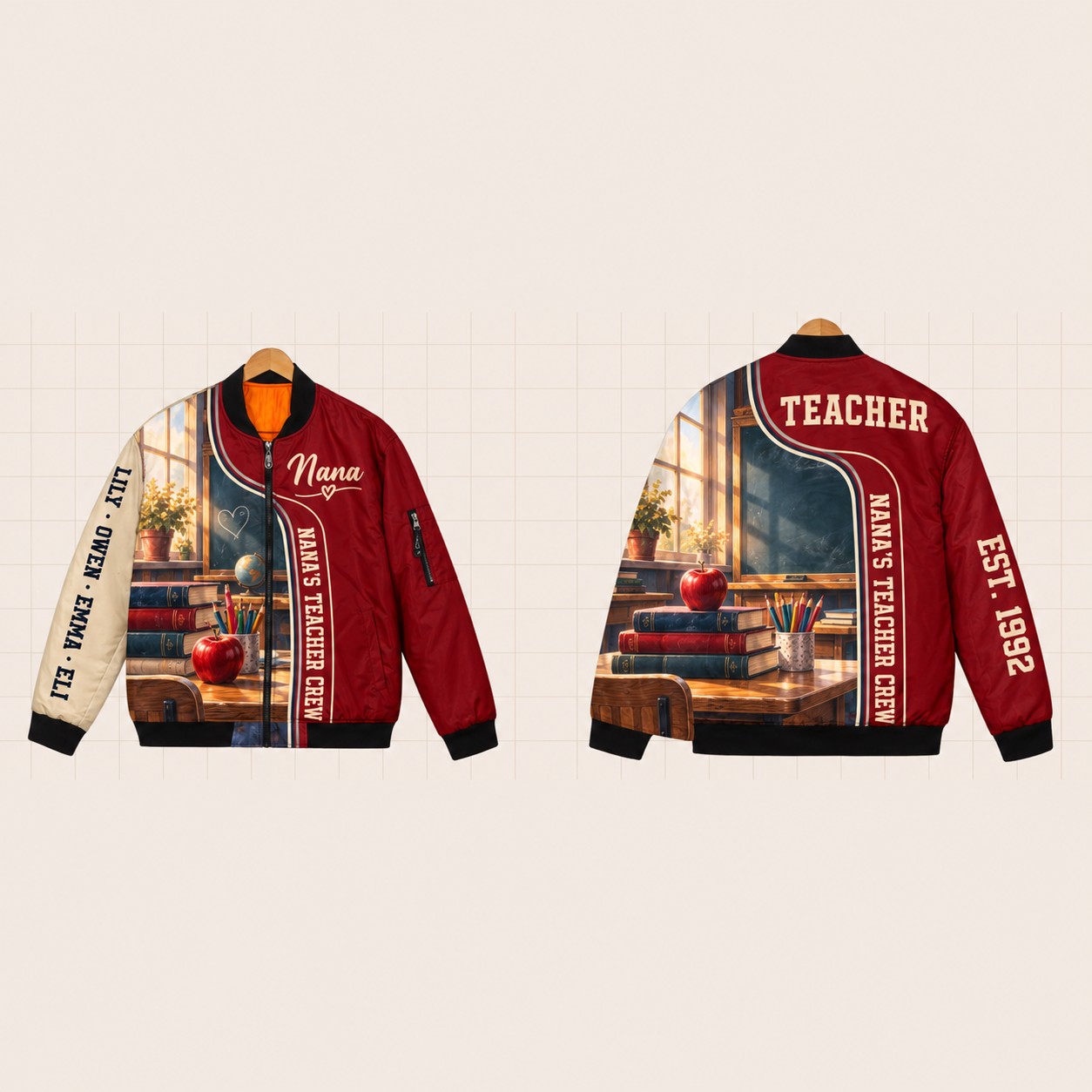 All-Over Print Bomber Jacket personalized with "Nana's Teacher Crew" and pencil artwork on the back