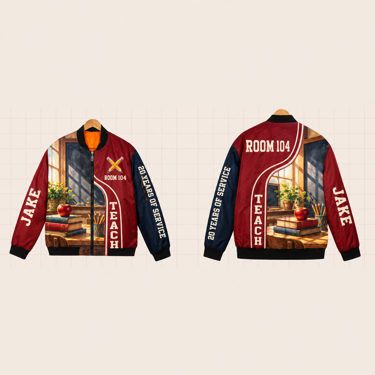 All-Over Print Bomber Jacket personalized with "Teacher Room 104 20 Years" and pencil artwork on the back