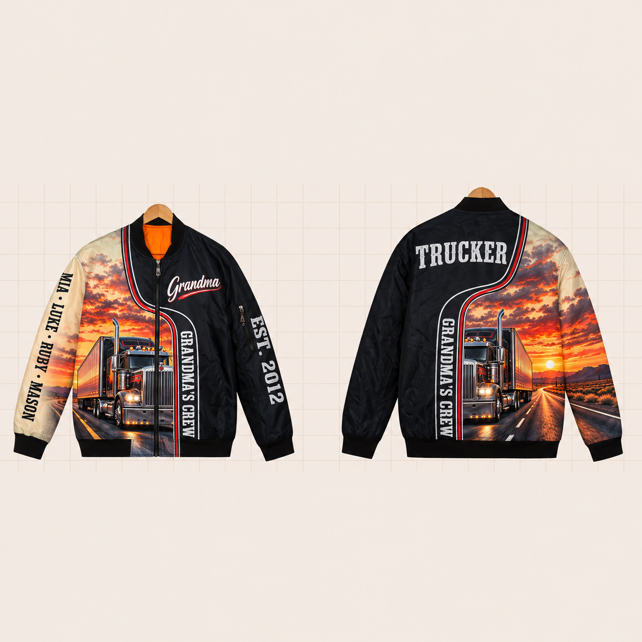 All-Over Print Bomber Jacket personalized with "Grandma's Trucker Crew" and two-lane road with a dashed centre line (no route sign or shield) artwork on the back